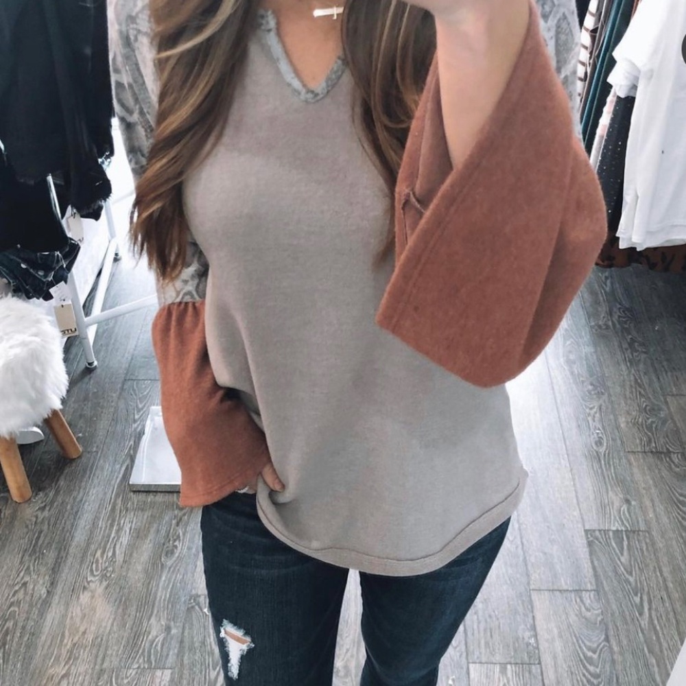 Fleece bell-sleeve top with snakeskin detail